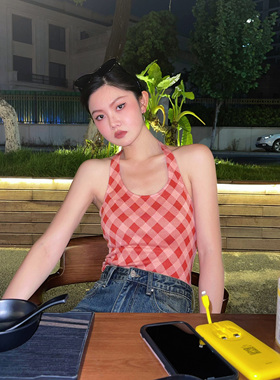 zopiclone美式甜心复古辣妹彩色格纹红色挂脖吊带背心上衣吊带衫