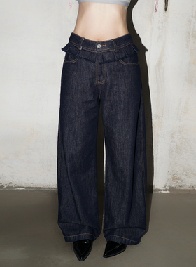 zopiclone复古褶皱花边装饰设计高腰遮胯不掉色弯刀版型牛仔长裤