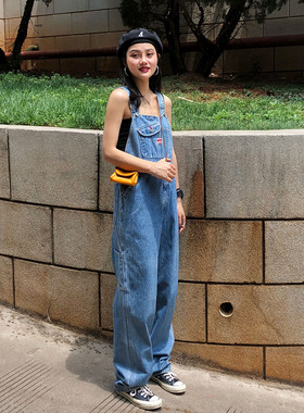 zopiclone复古牛仔背带裤vintage女显瘦宽松阔腿裤美式吊带裤长裤