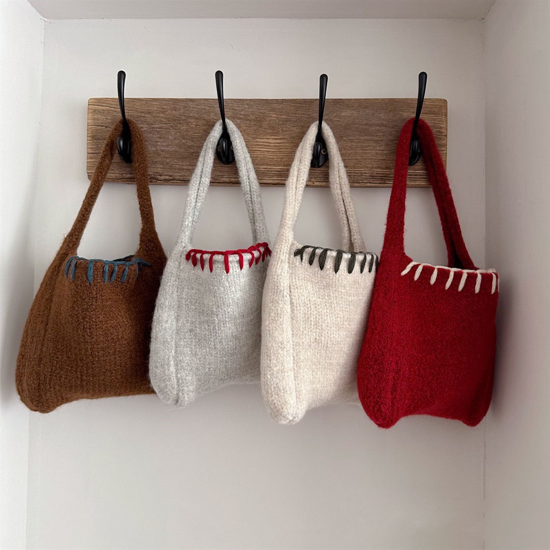 撞色针织毛线编织手提单肩包