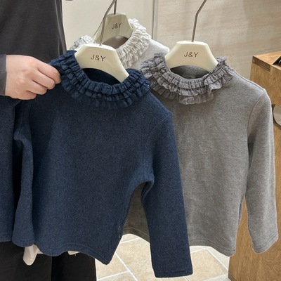 女童纯色加厚针织蕾丝打底衫