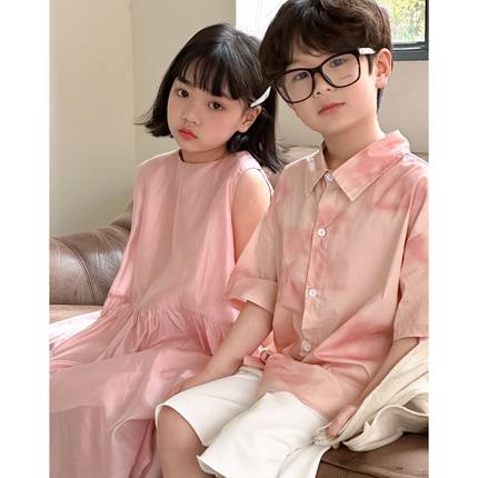 2025夏新款韩国ins男女儿童亲子姐弟兄妹装扎染衬衫套装＋背心裙