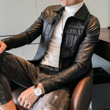 修身 纯色皮衣英伦休闲西装 领皮夹克机车外套男青年潮 秋冬男士 韩版