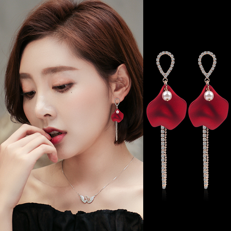 S925银针贝壳形耳钉长款流苏莫兰迪色韩版新潮耳饰网红旗舰店耳环