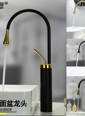 北欧简约黑色面盆龙头冷热全铜洗手台上盆水龙头创意拉丝金色高款