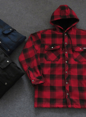 外贸男士内里抓绒外套夹克工装连帽排扣格子大码