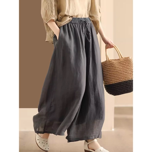 休闲文艺宽松显瘦裙裤 新款 女2026夏季 100支细苎麻双层阔腿九分裤