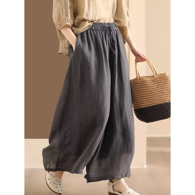 100支细苎麻双层阔腿九分裤女