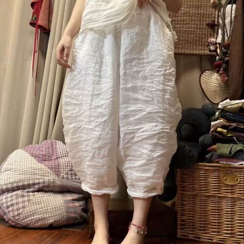 夏季轻薄苎麻松紧腰八分哈伦裤