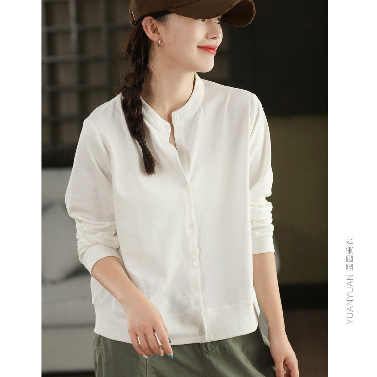 2025年秋季复古100%棉衬衫女新疆全棉外套立领单排扣长袖纯色上衣