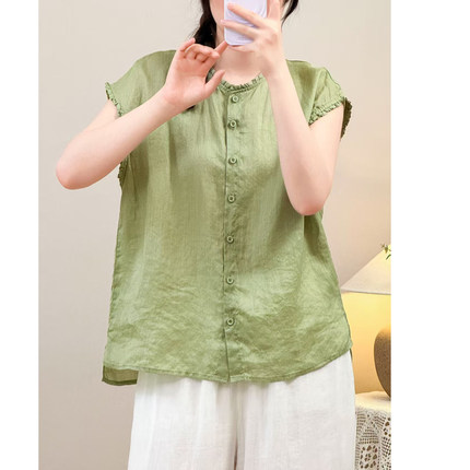 2025年夏季文艺复古圆领木耳边42支苎麻衬衫女单排扣气质无袖上衣