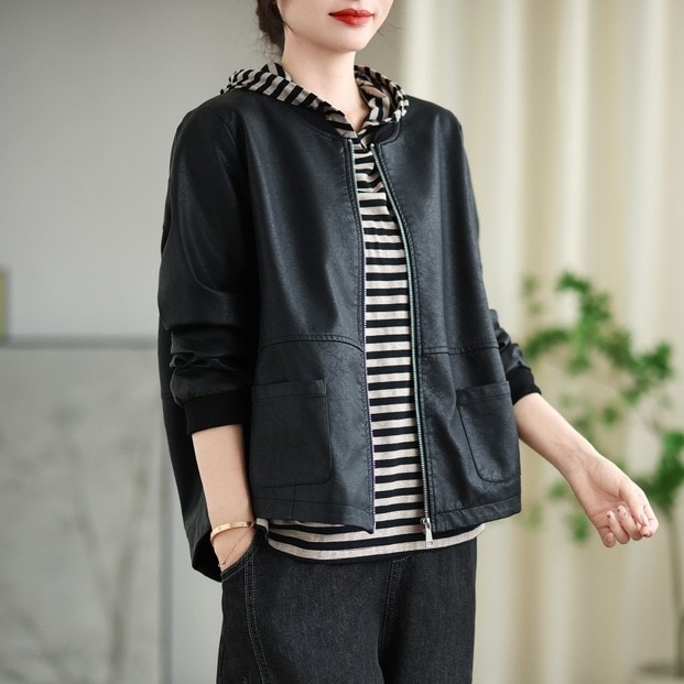 2025年春秋新款黑色PU皮衣女宽松显瘦百搭短款棒球领外套上衣夹克