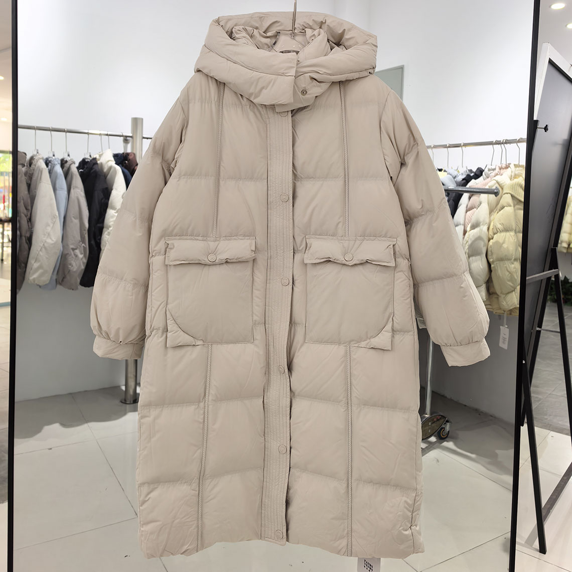 2025年冬季韩版宽松连帽加厚保暖90白鸭绒羽绒服女中长款过膝外套