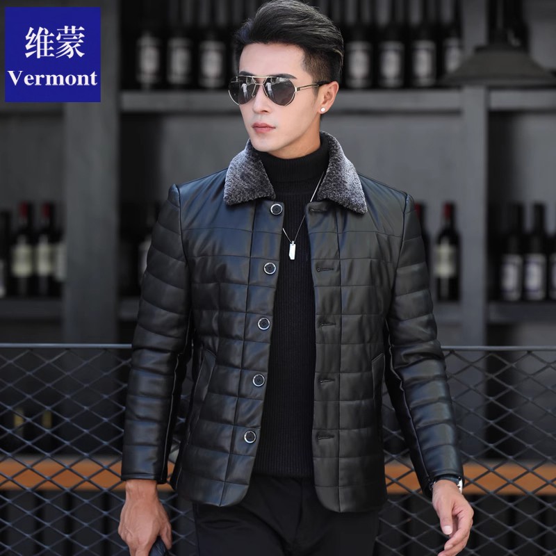 维蒙冬季海宁新款真皮皮衣男羽绒服修身短款翻领绵羊皮皮夹克外套