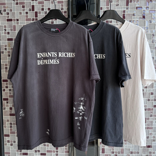 美式高街ERD忧郁的富二代字母印花复古做旧破坏标语圆领短袖T恤潮