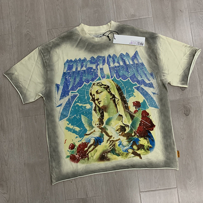 美式复古烫钻脏染字母印花T恤男女同款卷边宽松休闲圆领短袖上衣