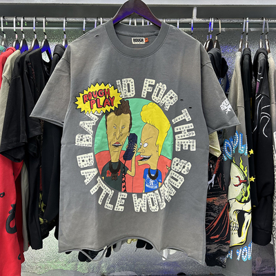 RoughPlay美式复古卡通人物印花短袖T恤男女宽松水洗做旧破洞上衣