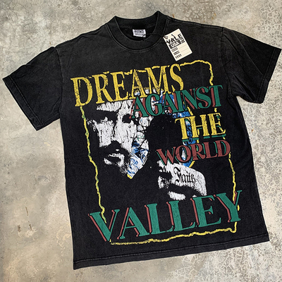 美式做旧裂纹人像字母印花水洗做旧嘻哈男女宽松落肩圆领短袖T恤