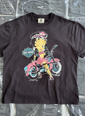 Vintage重磅复古水洗做旧动漫卡通图案印花男女宽松圆领短袖T恤潮