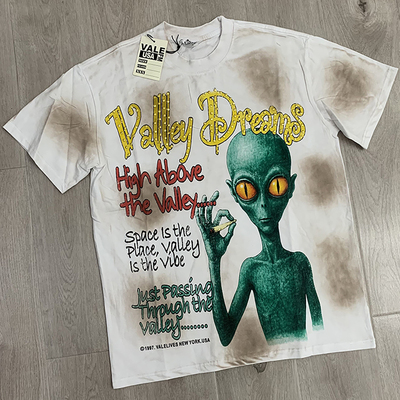 新款街头时尚烫钻洗水做旧抽象外星人标语印花男女宽松短袖T恤夏
