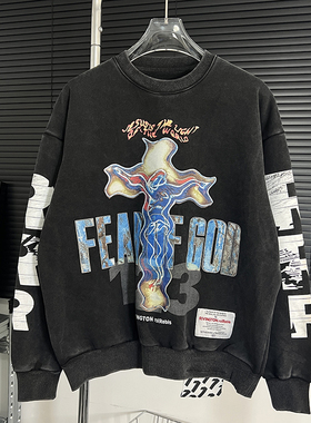 高克重RRR123美式古着做旧涂鸦印花加绒卫衣男女宽松百搭嘻哈上衣