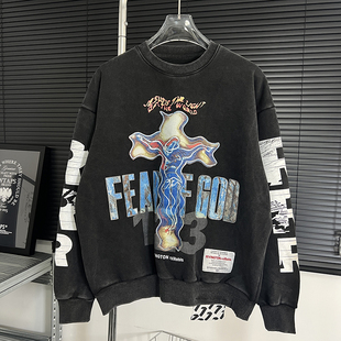 高克重RRR123美式古着做旧涂鸦印花加绒卫衣男女宽松百搭嘻哈上衣