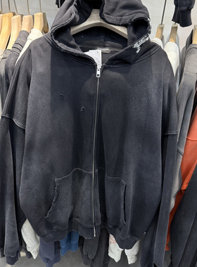 美式复古水洗做旧字母图案印花破洞设计Vibe风解构男女连帽卫衣潮