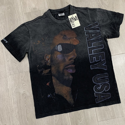 美式嘻哈白墨直喷做旧印花短袖男女宽松圆领街头复古高街T恤上衣