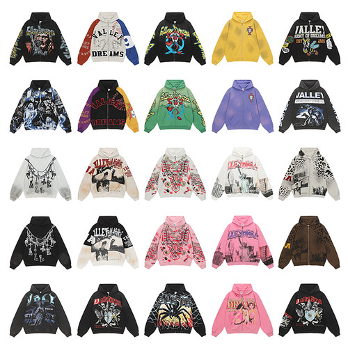 秋冬新款高街复古涂鸦字母烫钻印花连帽卫衣男女宽松潮流开衫外套