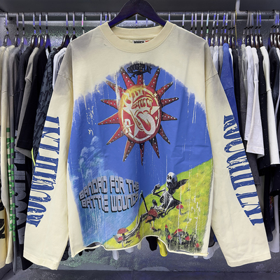 RoughPlay高街复古印花长袖T恤oversize宽松休闲卷边烫钻上衣潮