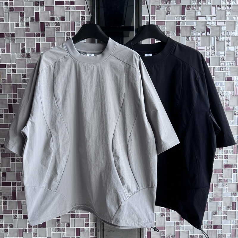 夏季美式高街机能风抽绳拼接透气速干男女简约宽松休闲短袖T恤潮