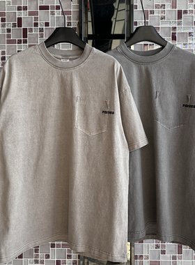 夏季Vintage高街简约个性假口袋装饰字母刺绣半袖T恤男女宽松短袖