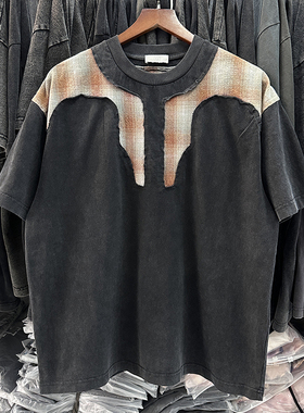 美式潮牌小众格纹拼接高街短袖oversize街头风宽松T恤酷帅tee夏季