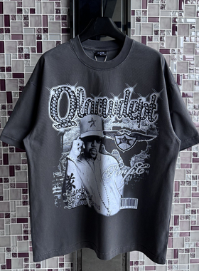 Vintage美式高街复古洗水做旧人像字母印花T恤男女宽松圆领短袖潮