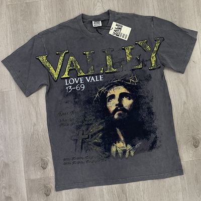 美式复古重磅做旧仰望荆棘人像印花男女同款vintage圆领短袖t恤夏