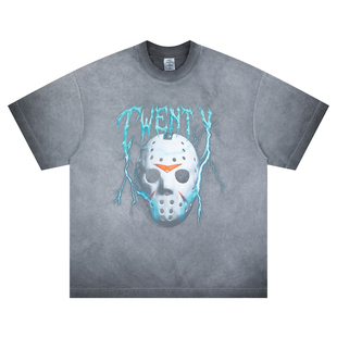 潮 街头复古做旧面具闪电字母印花T恤男女宽松圆领短袖 INS夏季 新款