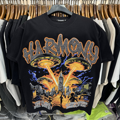 美式高街字母印花烫钻短袖T恤oversize男女同款街头休闲圆领上衣