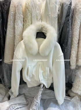 2025巨好看的厚外套女冬季加绒加厚白色连帽狐狸毛领短款高级卫衣