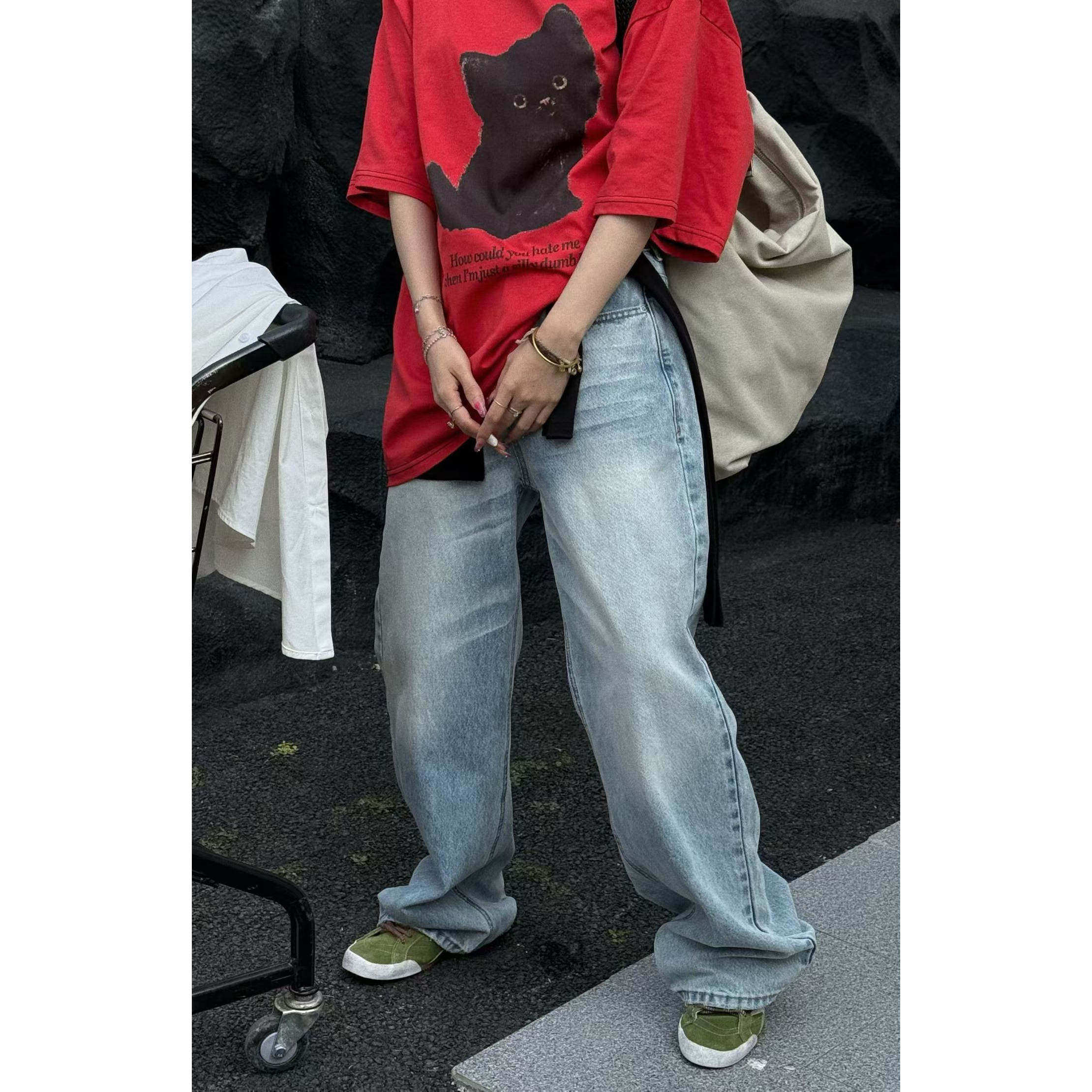 浅蓝色美式复古高腰阔腿牛仔裤女2026春季宽松显瘦做旧水洗长裤潮