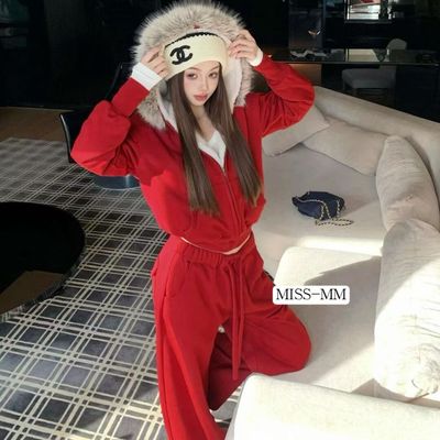 韩式连帽加绒卫衣长裤两件套女