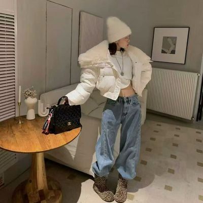 韩版羊羔毛大翻领短款羽绒服