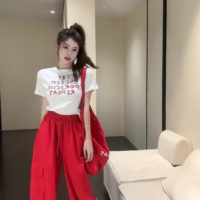 甜辣风又酷又飒休闲套装女2025夏季新款短袖T恤工装阔腿裤三件套