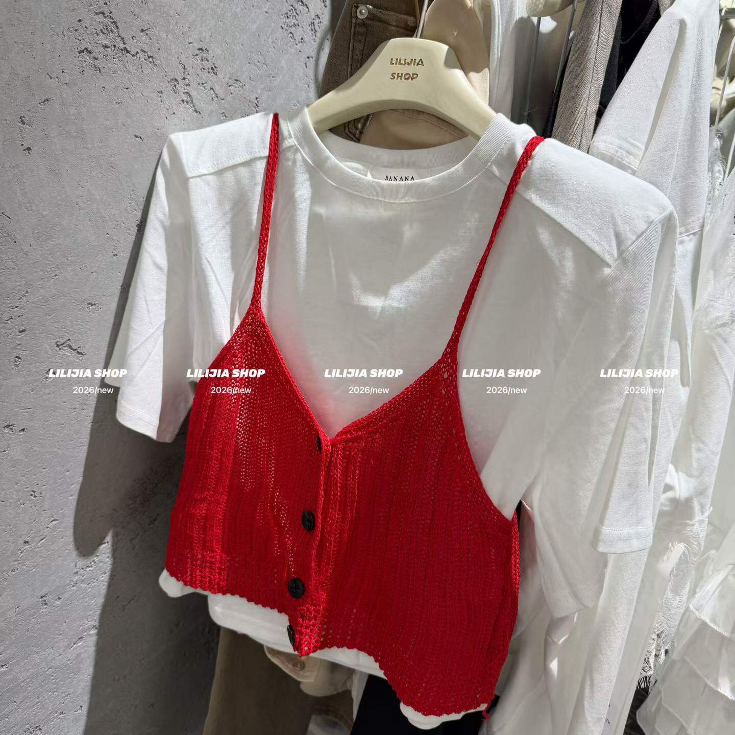 韩版镂空针织开衫背心吊带女时髦洋气内搭短袖修身叠穿外搭两件套