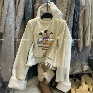 【五折】韩式卡通米奇印花长袖T恤白色圆领修身洋气短款磨毛上衣