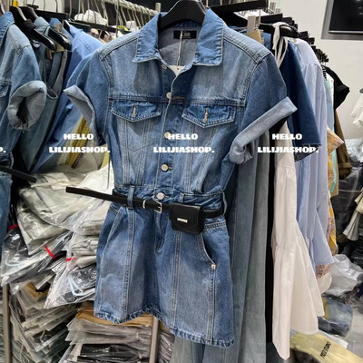 韩版气质复古收腰牛仔连衣裙女2025新款春夏Polo领短款工装短裙子