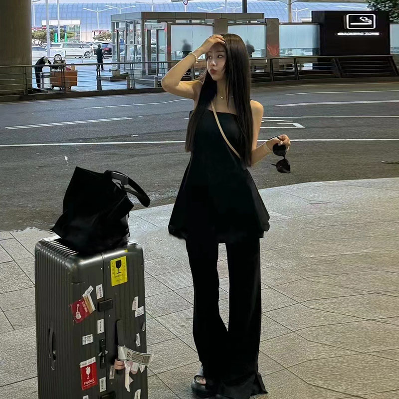 网红黑色吊带西装套装女2024新款夏季薄款辣妹高级感两件套时髦潮