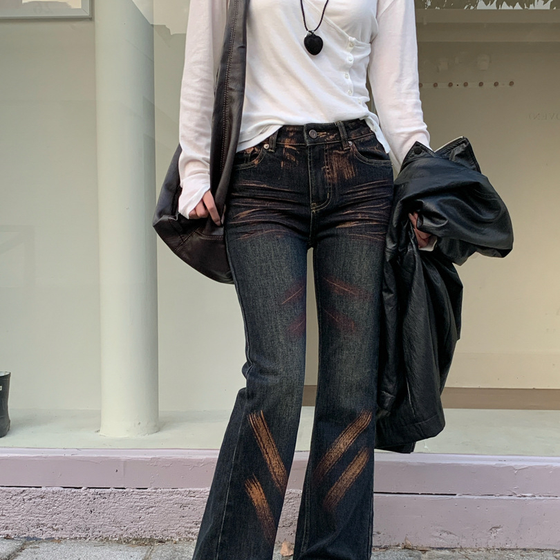 美式涂鸦设计感辣妹微喇牛仔裤女