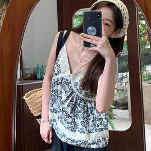 shzero复古碎花蕾丝拼接吊带背心女超仙气质宽松显瘦v领无袖上衣