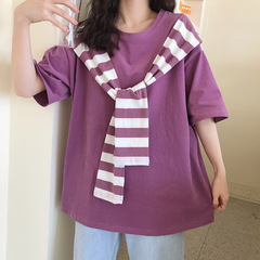 6535 pull frame cotton real shot with small video Korean version ins tide net red stripe T-shirt