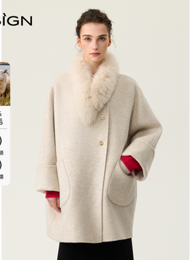 【商场同款】DSIGN2026春新款老钱狐狸毛领双面羊毛呢中长大衣女
